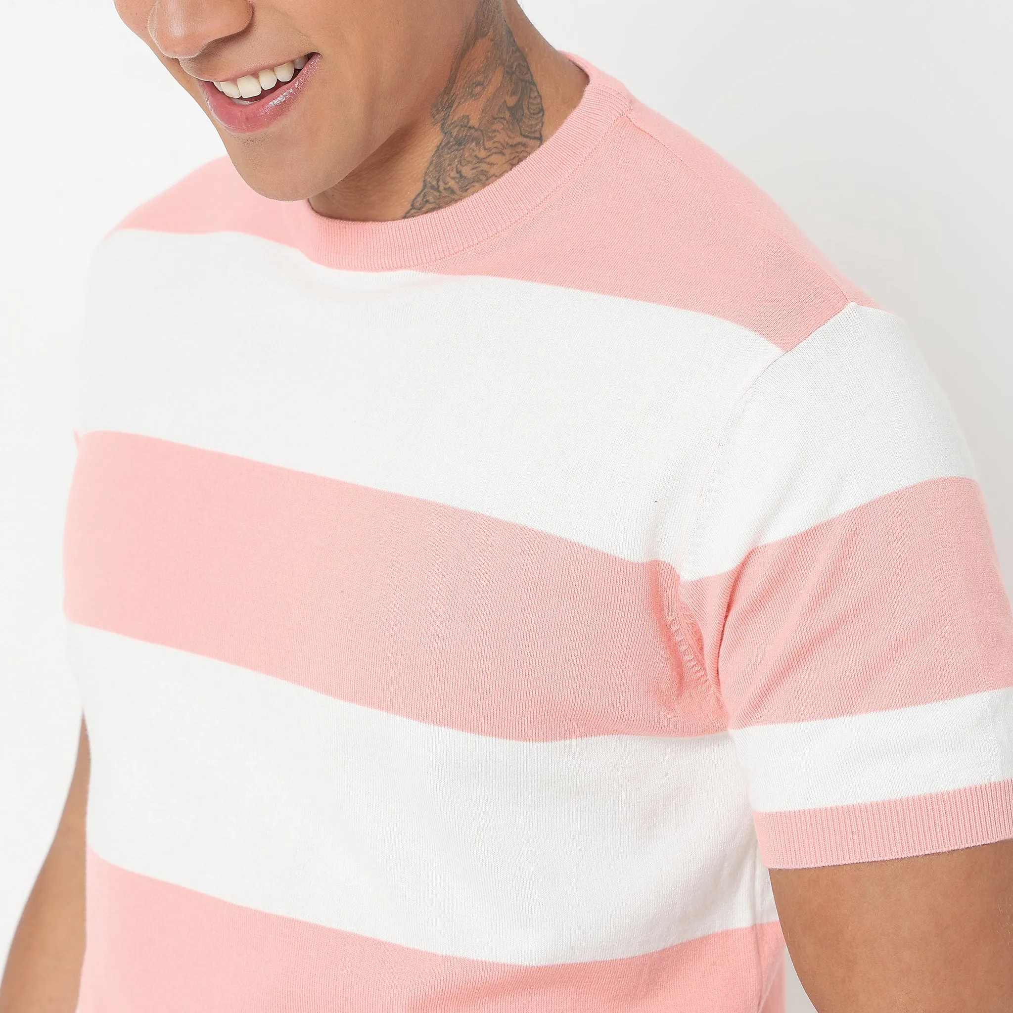 Hand Knit Jersey™ Modern Smart Auto Stripes Dobby Flat Knit Regular Fit  T-Shirt - Soft and Comfortable.