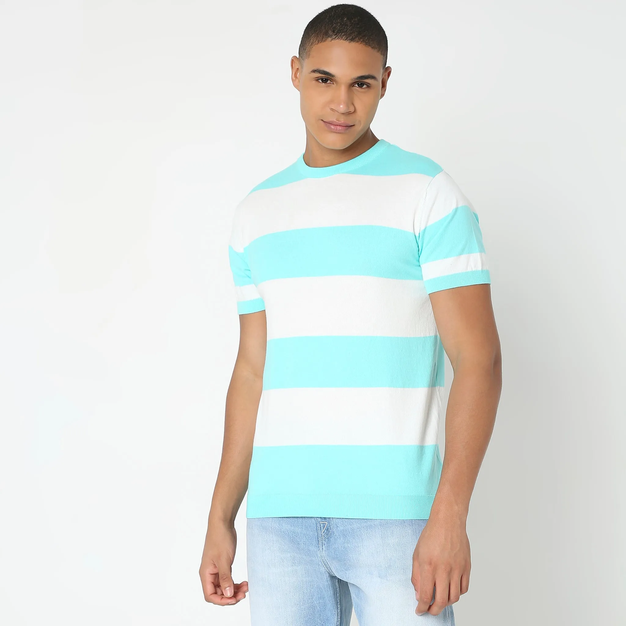 Hand Knit Jersey™ Modern Smart Auto Stripes Dobby Flat Knit Regular Fit  T-Shirt - Soft and Comfortable.