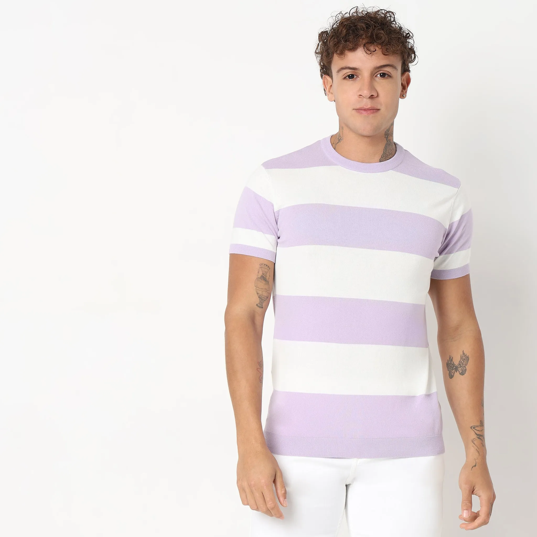 Hand Knit Jersey™ Modern Smart Auto Stripes Dobby Flat Knit Regular Fit  T-Shirt - Soft and Comfortable.