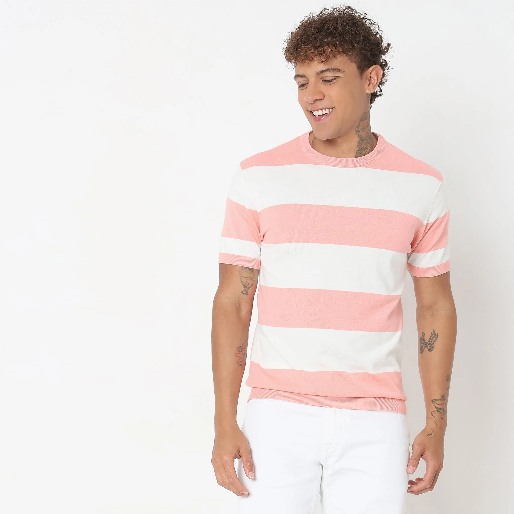 Hand Knit Jersey™ Modern Smart Auto Stripes Dobby Flat Knit Regular Fit  T-Shirt - Soft and Comfortable.