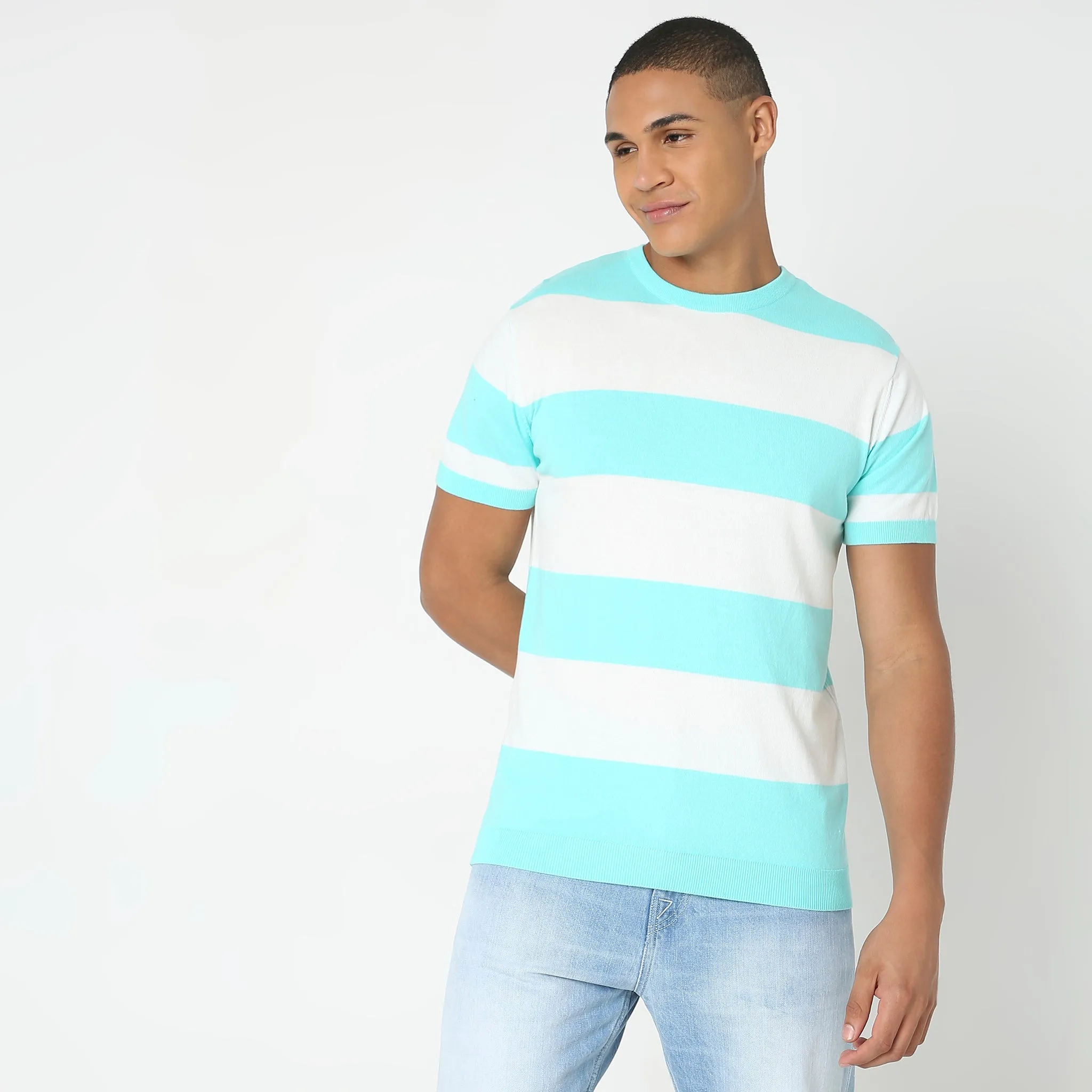 Hand Knit Jersey™ Modern Smart Auto Stripes Dobby Flat Knit Regular Fit  T-Shirt - Soft and Comfortable.