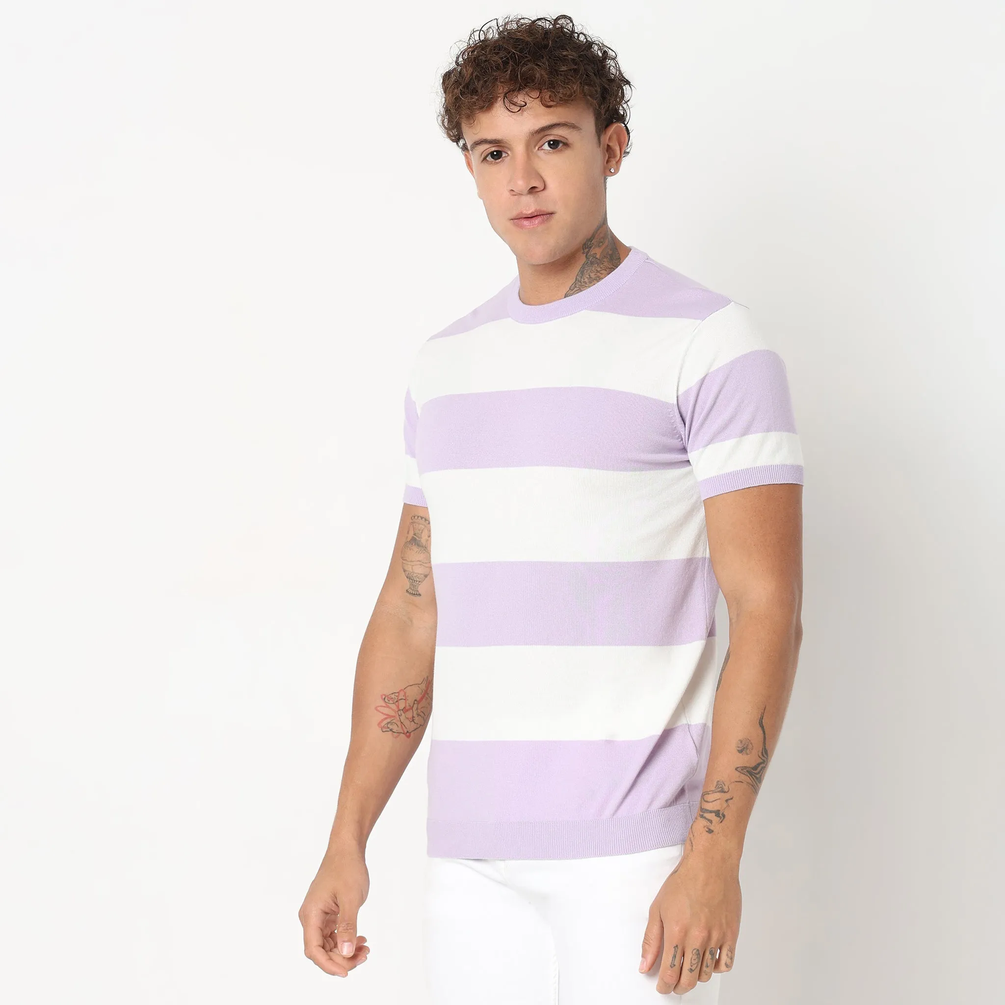 Hand Knit Jersey™ Modern Smart Auto Stripes Dobby Flat Knit Regular Fit  T-Shirt - Soft and Comfortable.