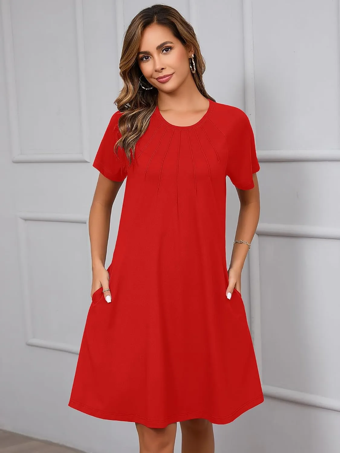 Heymoments Women's Summer Short Sleeve Crew Neck Midi Dresses Casual T-Shirt Sundress with Pockets