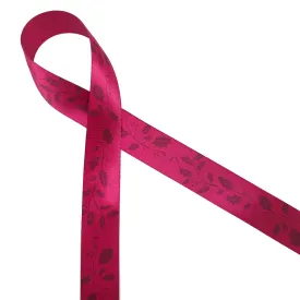 Holly Leaves Ribbon in burgundy on 7/8" Ruby Red Single Face Satin Ribbon