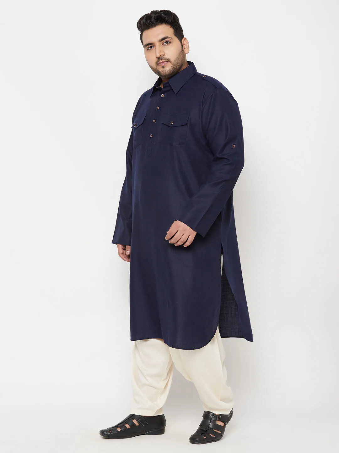Jashvi Men's Plus Size Blue and Cream Cotton Blend Pathani Set