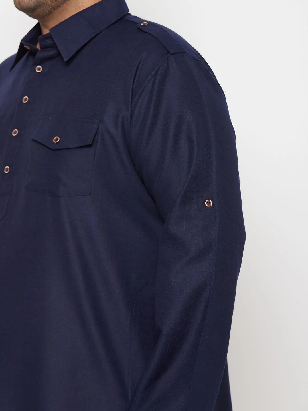 Jashvi Men's Plus Size Blue and Cream Cotton Blend Pathani Set