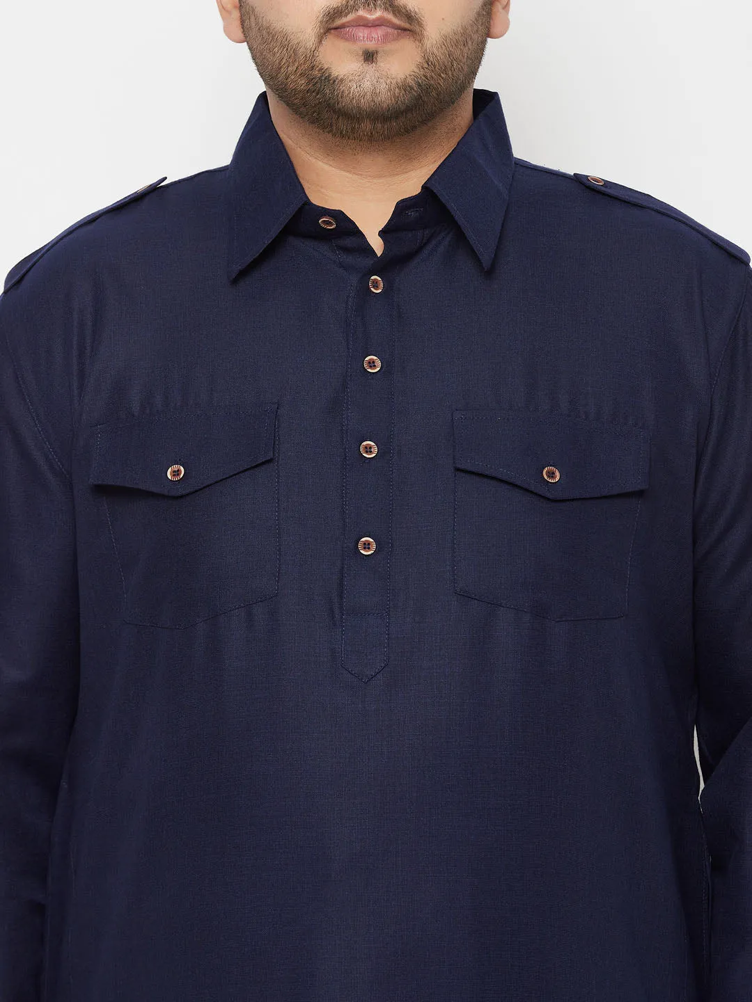 Jashvi Men's Plus Size Blue and Cream Cotton Blend Pathani Set