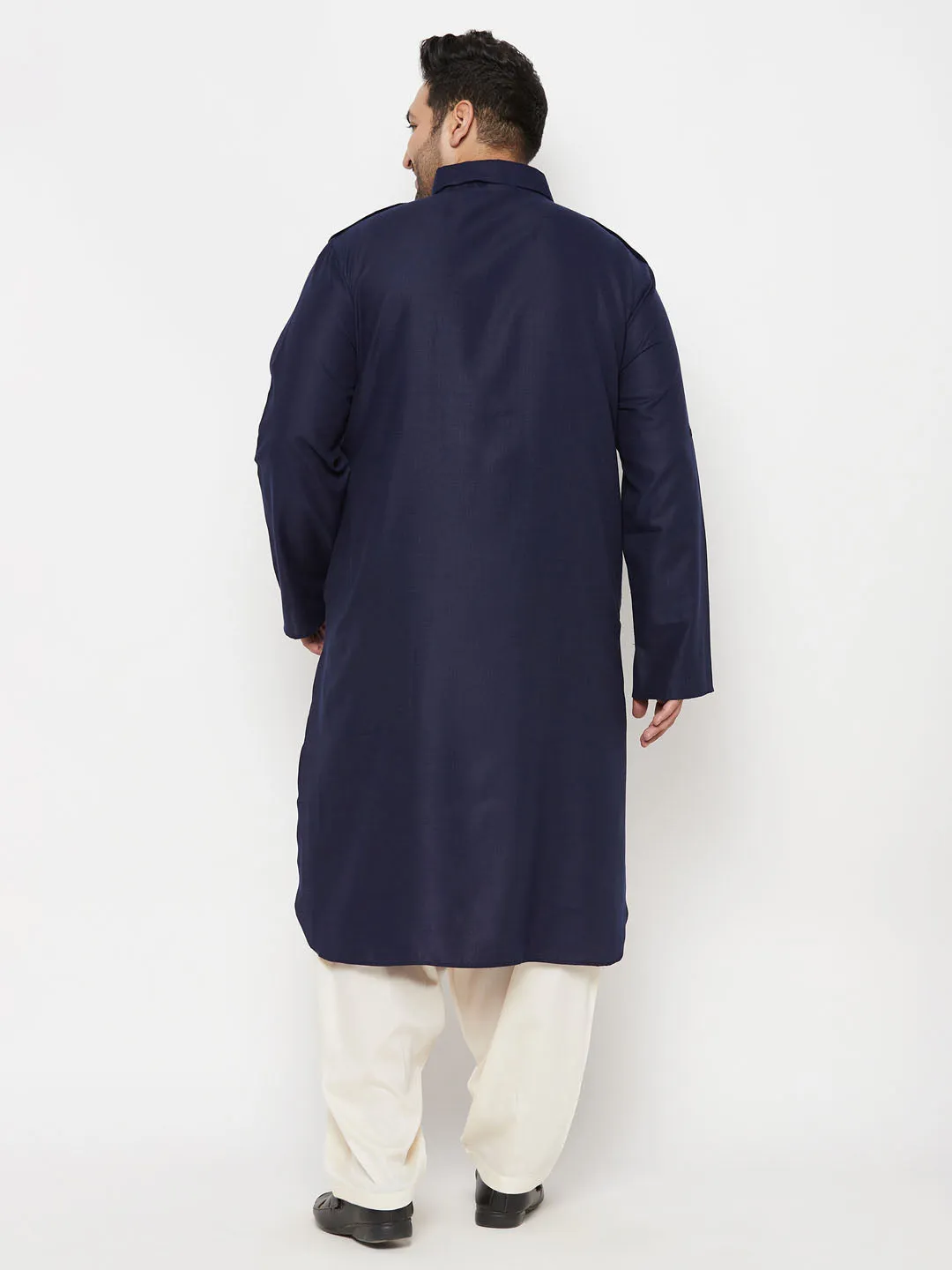 Jashvi Men's Plus Size Blue and Cream Cotton Blend Pathani Set