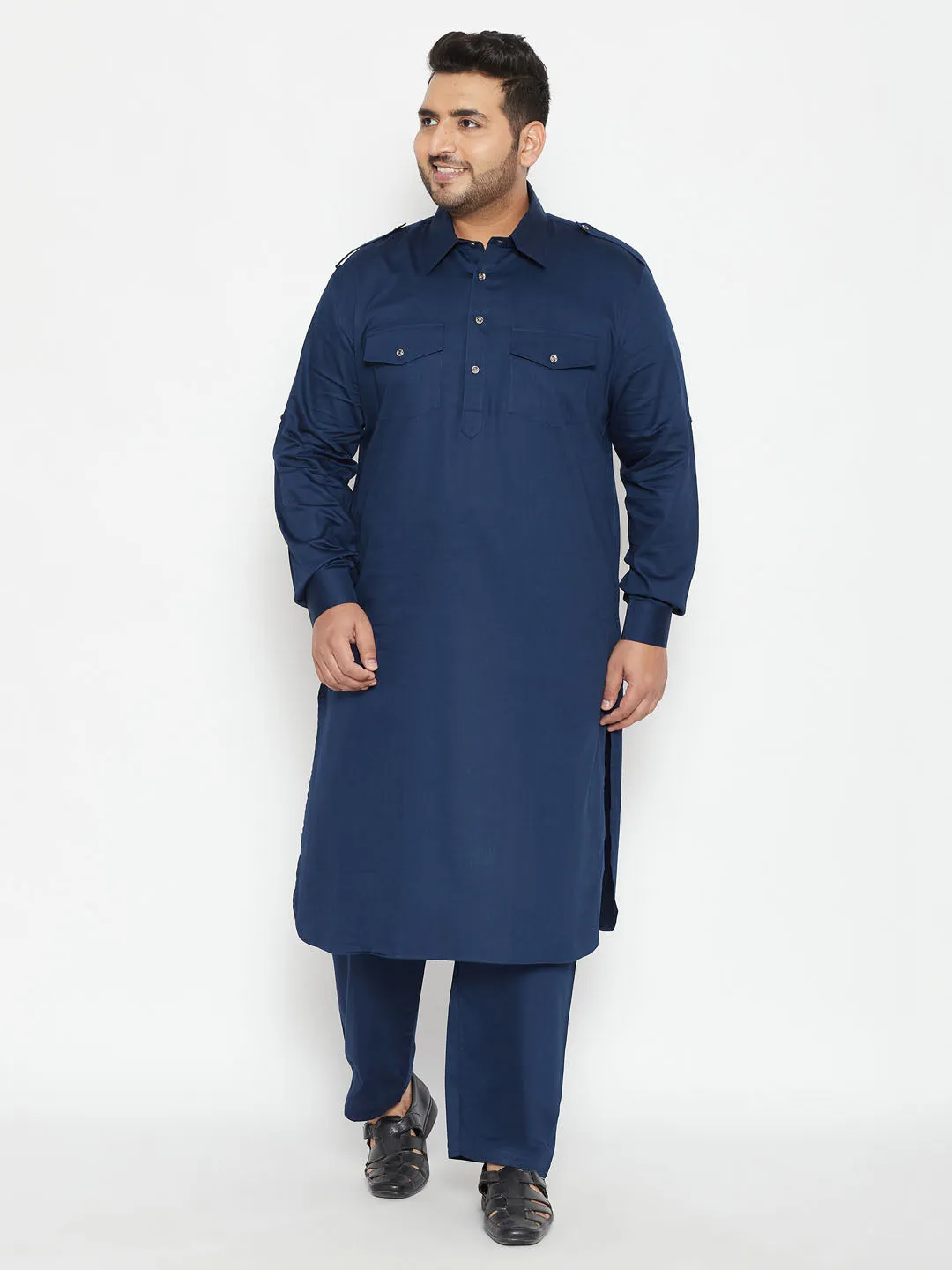 Jashvi Men's Plus Size Blue Cotton Blend Pathani Set
