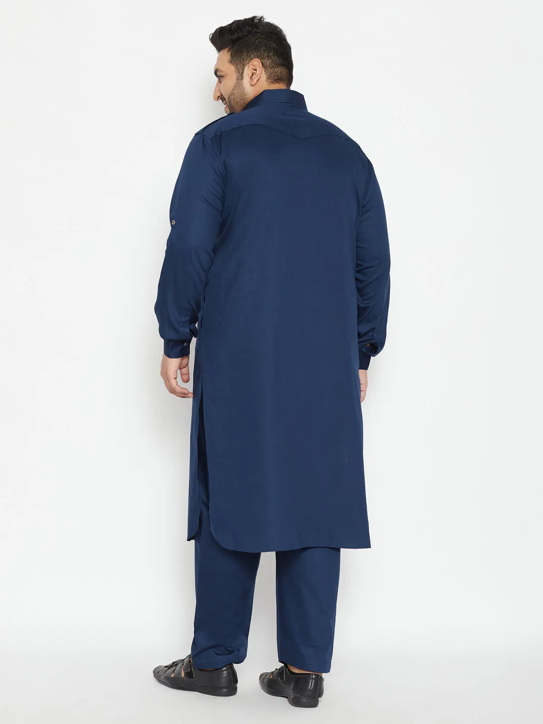 Jashvi Men's Plus Size Blue Cotton Blend Pathani Set