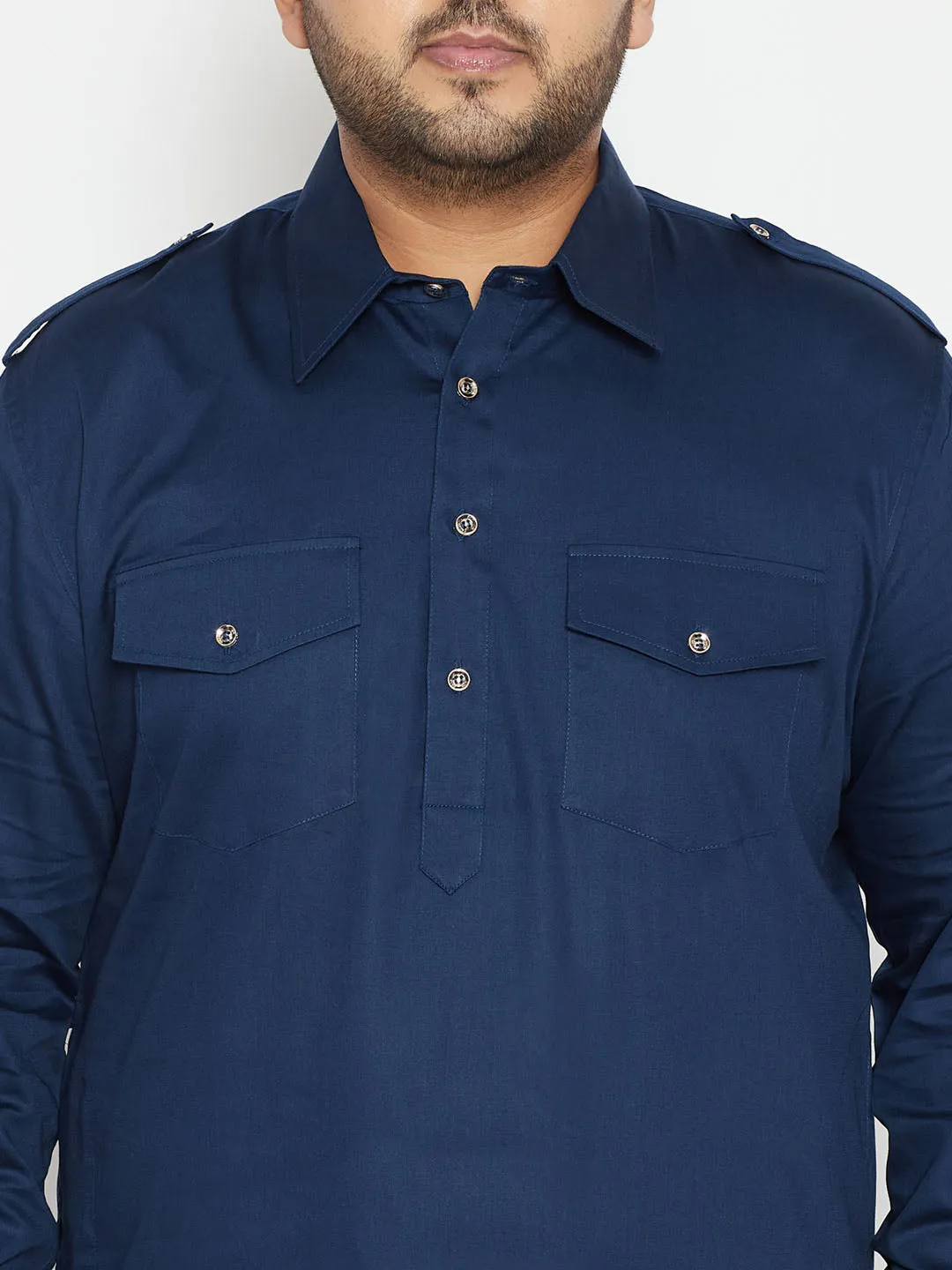 Jashvi Men's Plus Size Blue Cotton Blend Pathani Set