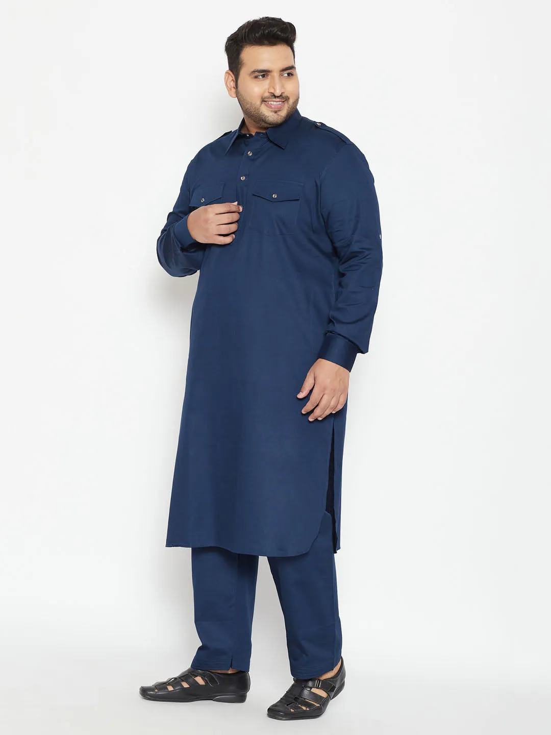 Jashvi Men's Plus Size Blue Cotton Blend Pathani Set