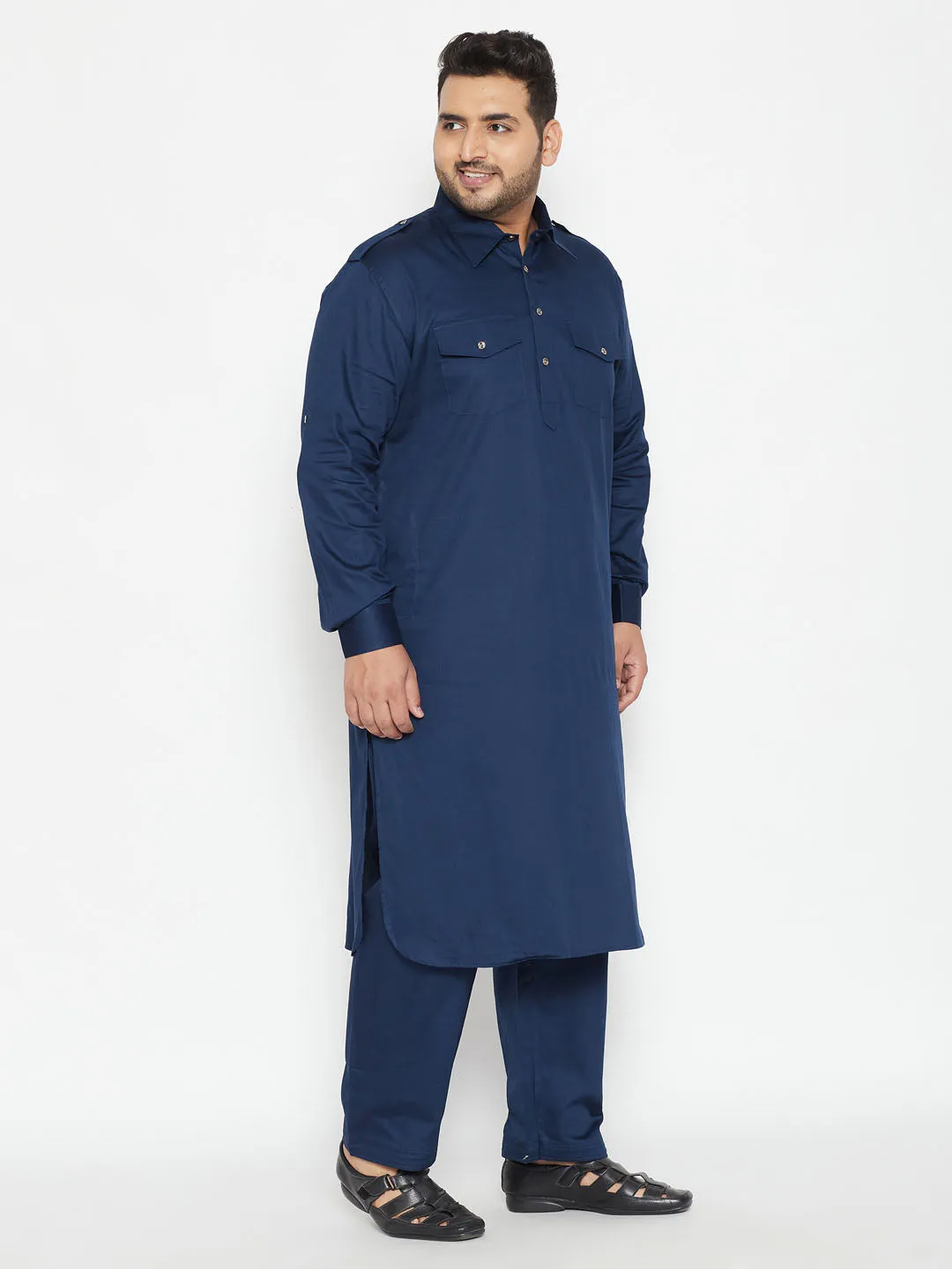Jashvi Men's Plus Size Blue Cotton Blend Pathani Set