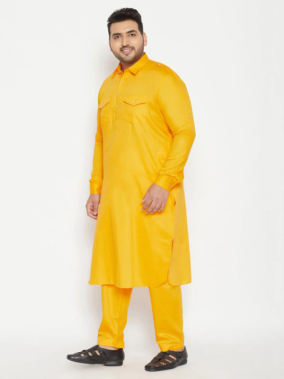 Jashvi Men's Plus Size Yellow Cotton Blend Pathani Set