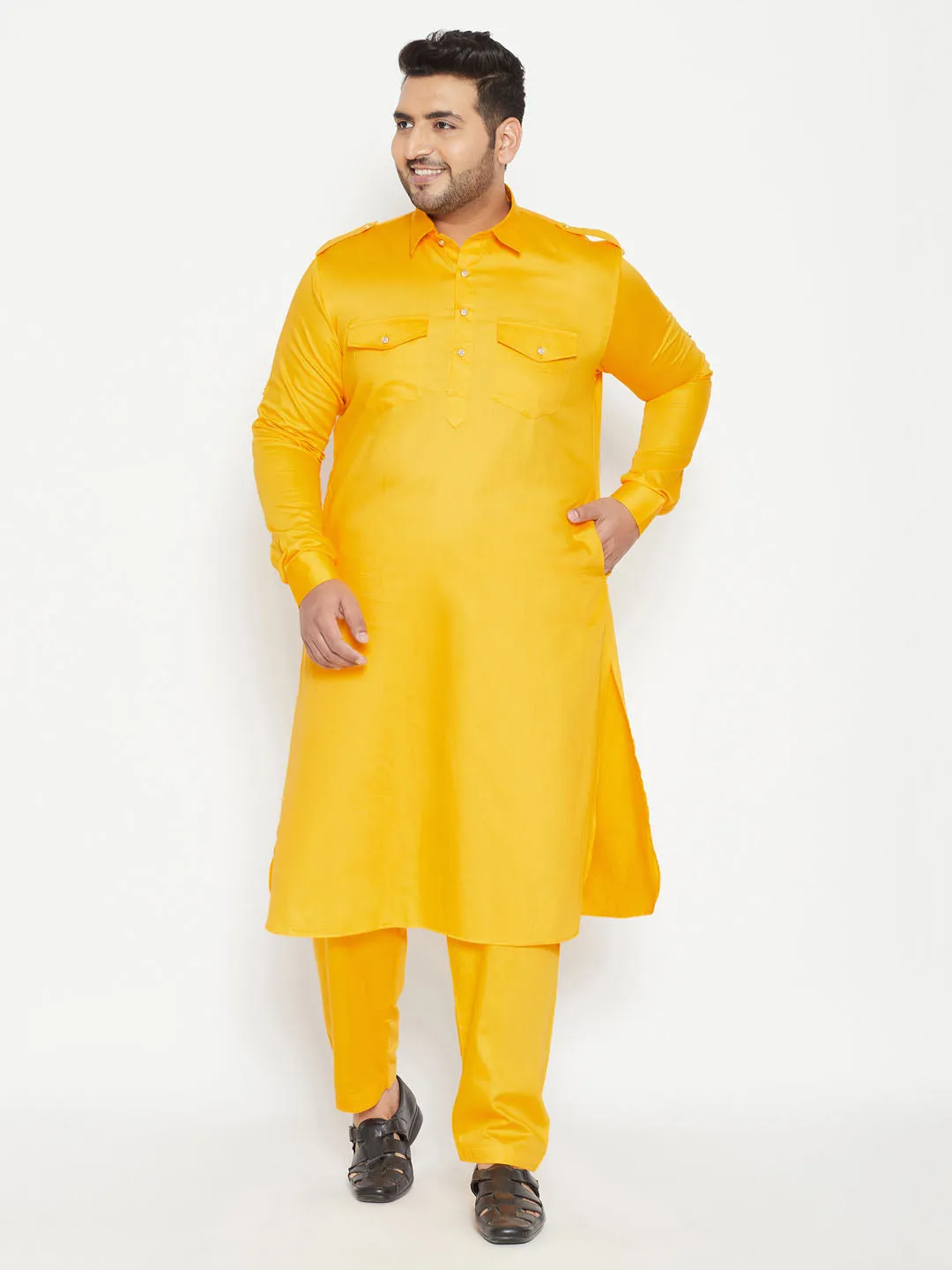 Jashvi Men's Plus Size Yellow Cotton Blend Pathani Set