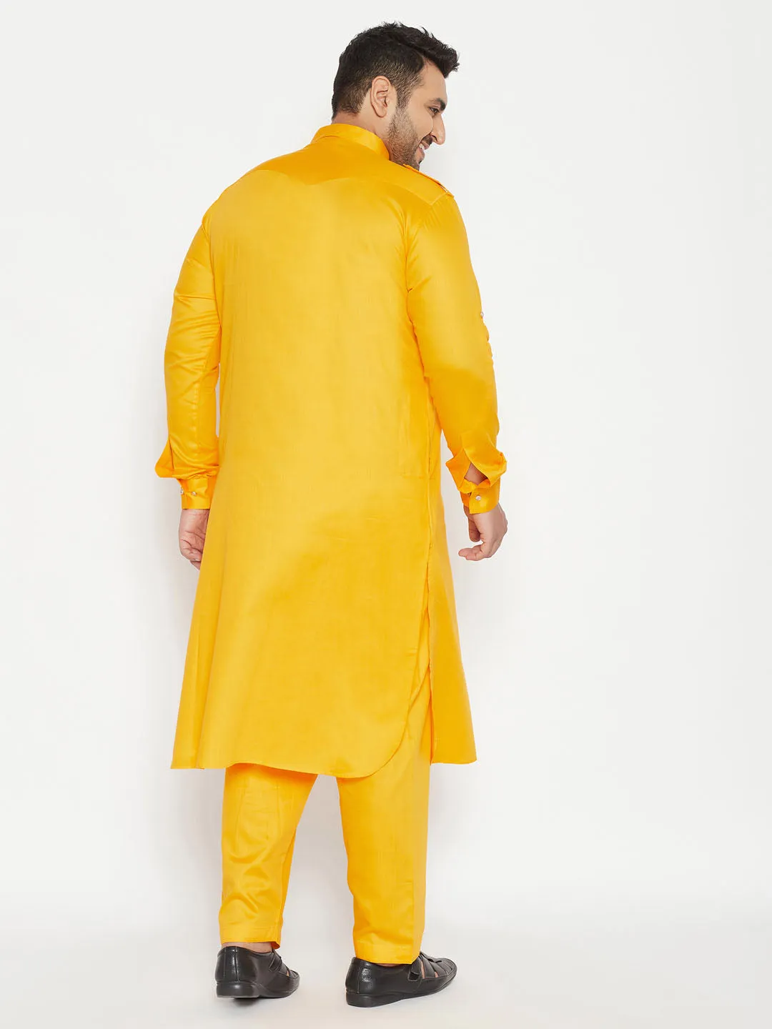 Jashvi Men's Plus Size Yellow Cotton Blend Pathani Set