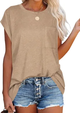 JOELLYUS Cap Sleeve Tops for Women Summer T Shirts with Pocket Basic Tees Casual Loose Fit Round Neck Top
