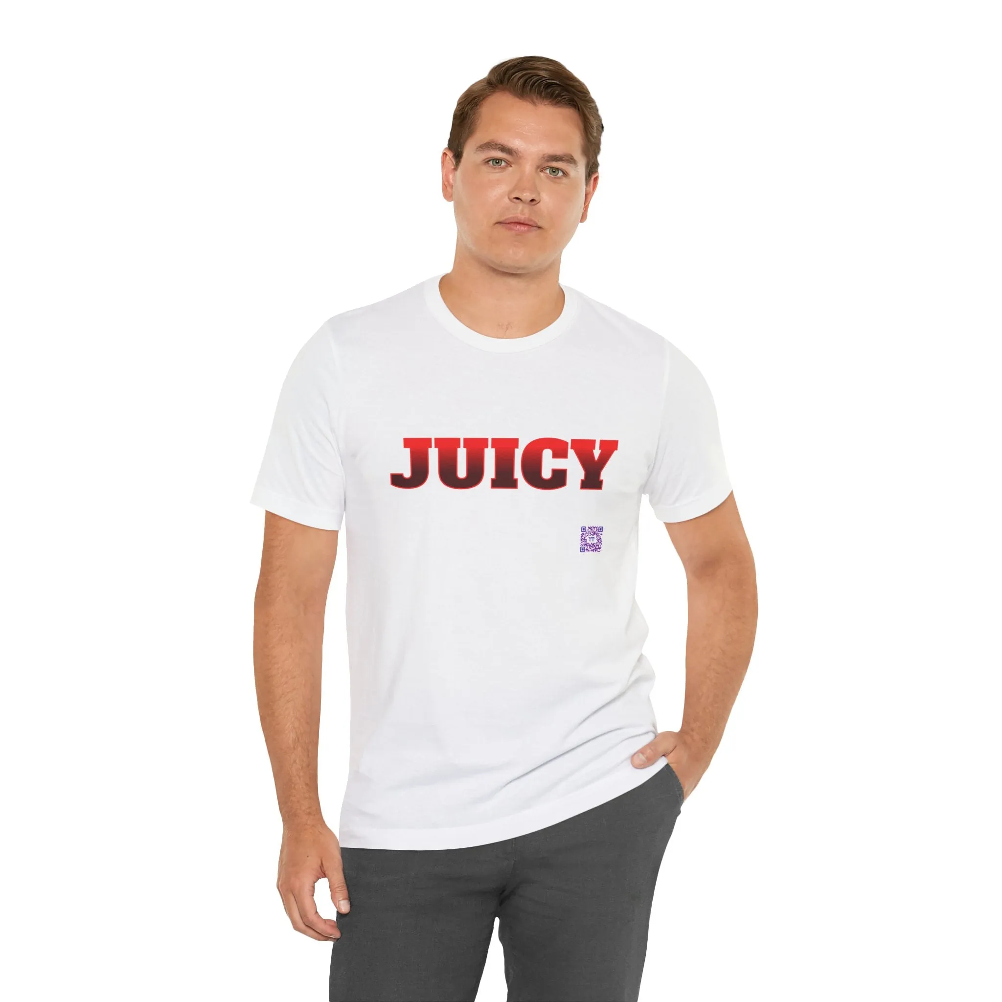 Juicy Graphic T-Shirt, Fun Bold Statement Tee, Eye-Catching Red Text Shirt, Trendy Summer Top