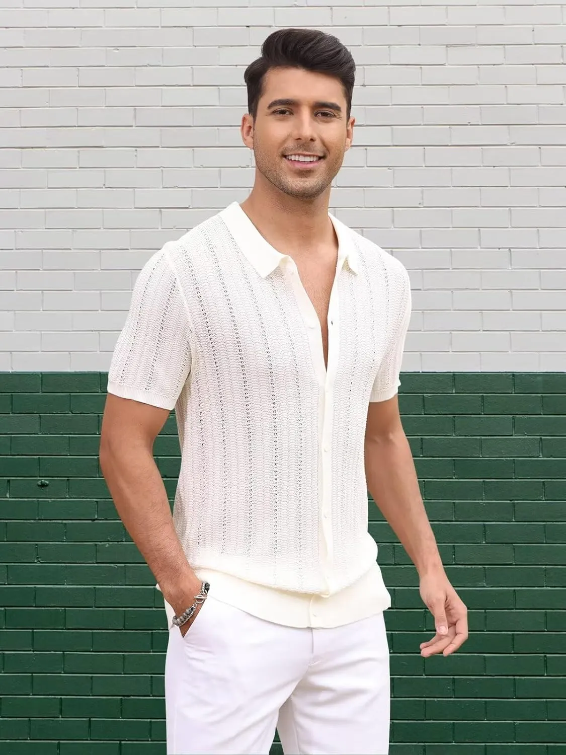 Knit Shirts for Men Vintage Short Sleeve Button Down Shirts Summer Stretch Fit Textured Beach Polo Tops