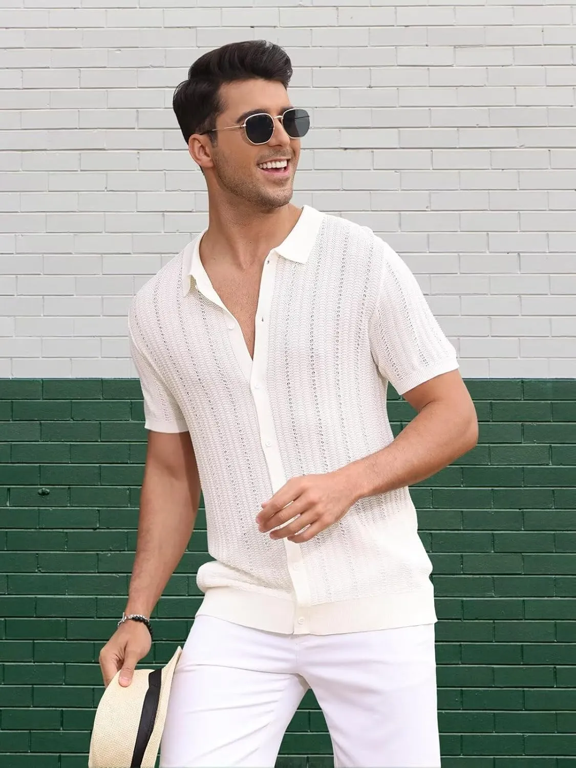 Knit Shirts for Men Vintage Short Sleeve Button Down Shirts Summer Stretch Fit Textured Beach Polo Tops