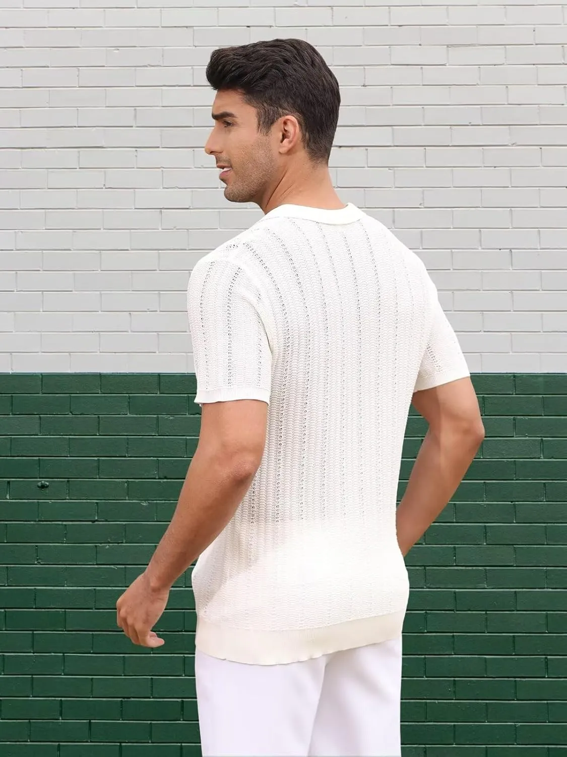 Knit Shirts for Men Vintage Short Sleeve Button Down Shirts Summer Stretch Fit Textured Beach Polo Tops