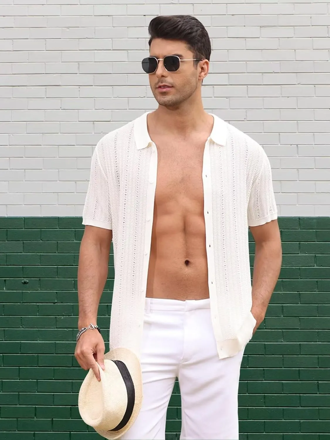 Knit Shirts for Men Vintage Short Sleeve Button Down Shirts Summer Stretch Fit Textured Beach Polo Tops