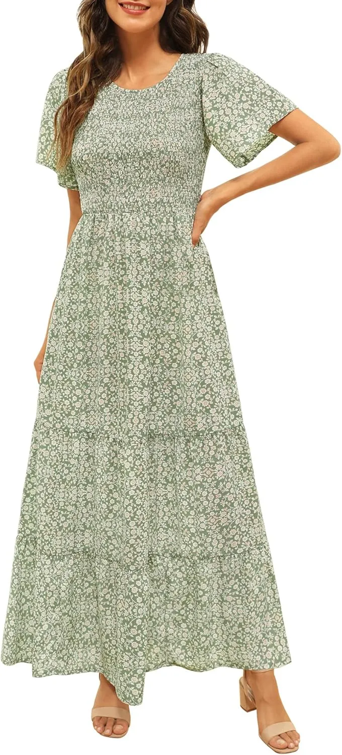 Kranda Women Summer Dress Round Neck Flutter Short Sleeve Smocked Ruffle Tiered Floral Maxi Dress 2024