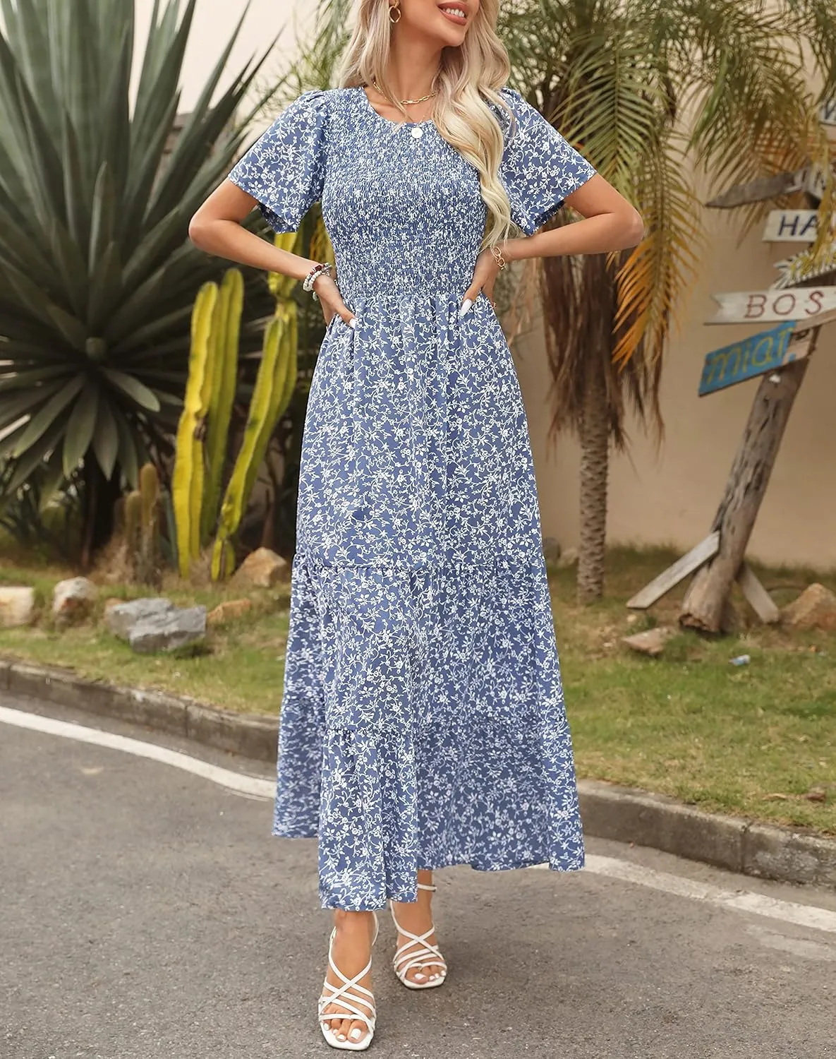Kranda Women Summer Dress Round Neck Flutter Short Sleeve Smocked Ruffle Tiered Floral Maxi Dress 2024