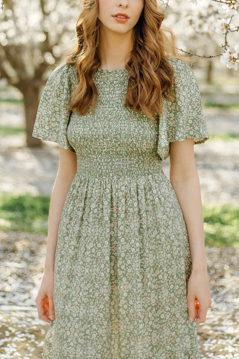 Kranda Women Summer Dress Round Neck Flutter Short Sleeve Smocked Ruffle Tiered Floral Maxi Dress 2024