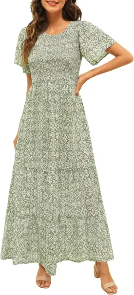 Kranda Women Summer Dress Round Neck Flutter Short Sleeve Smocked Ruffle Tiered Floral Maxi Dress 2024