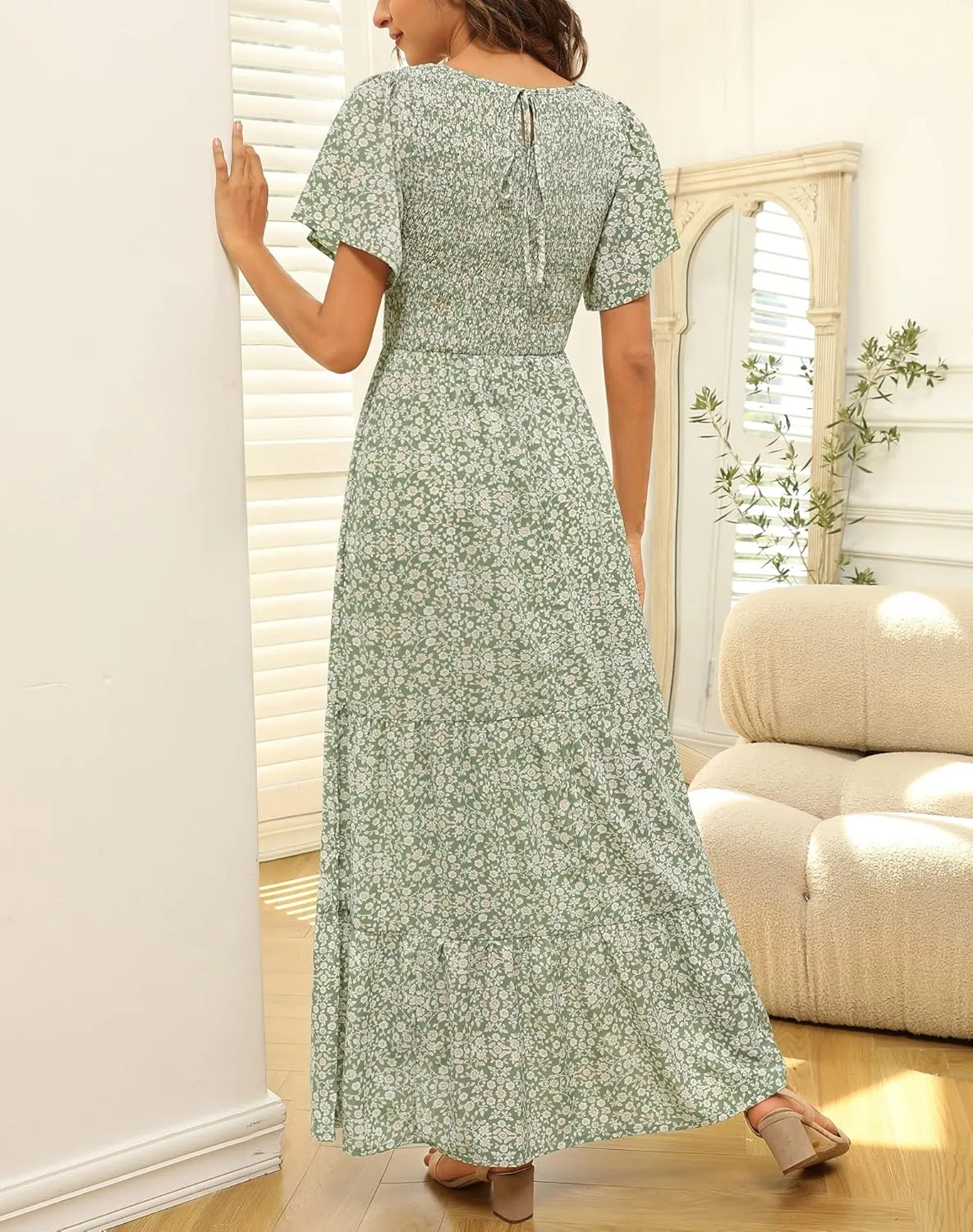 Kranda Women Summer Dress Round Neck Flutter Short Sleeve Smocked Ruffle Tiered Floral Maxi Dress 2024