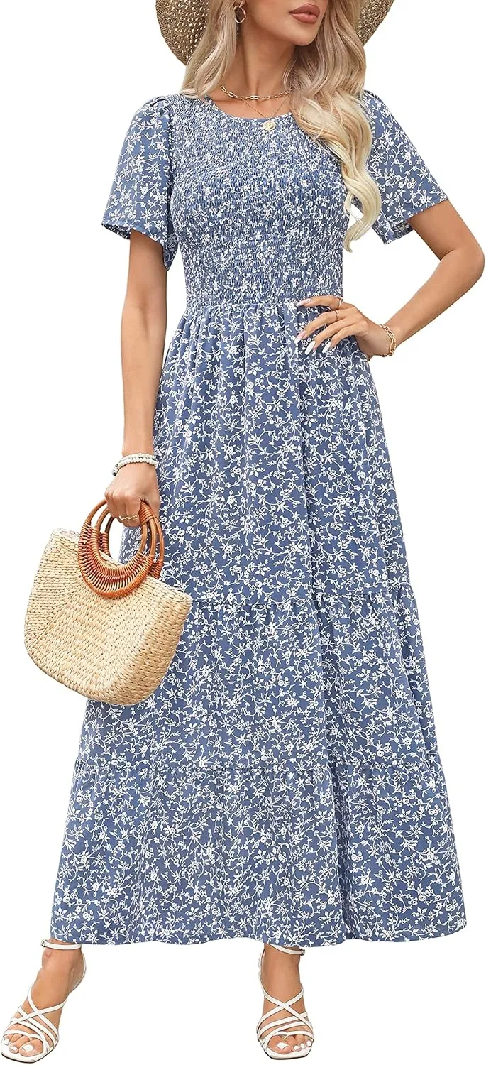 Kranda Women Summer Dress Round Neck Flutter Short Sleeve Smocked Ruffle Tiered Floral Maxi Dress 2024