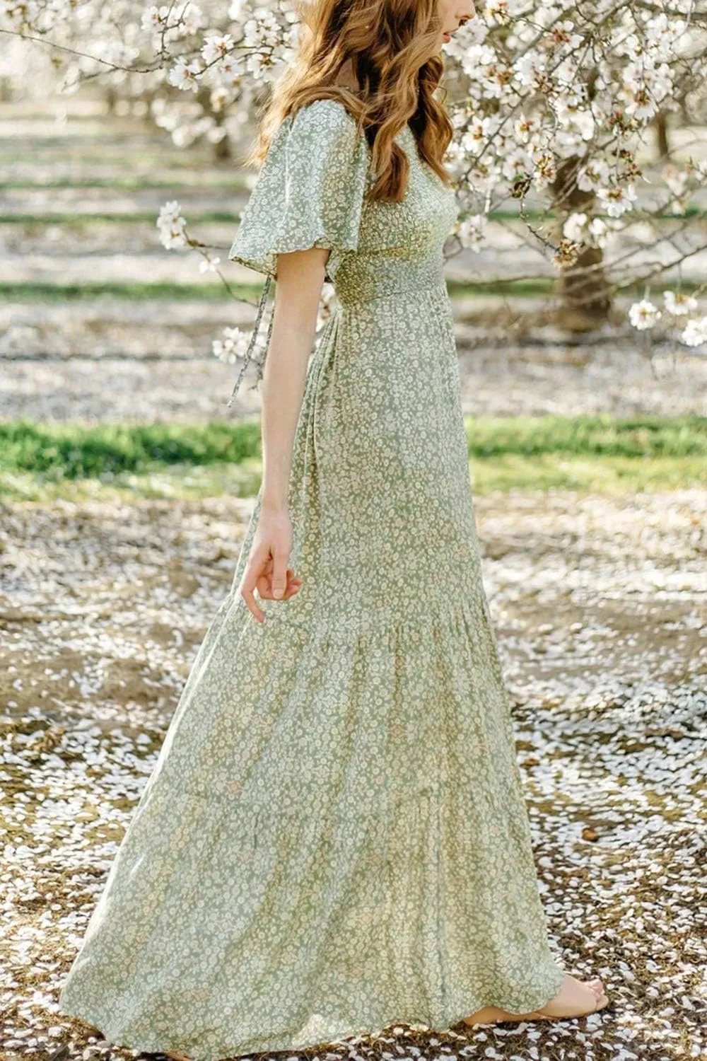 Kranda Women Summer Dress Round Neck Flutter Short Sleeve Smocked Ruffle Tiered Floral Maxi Dress 2024