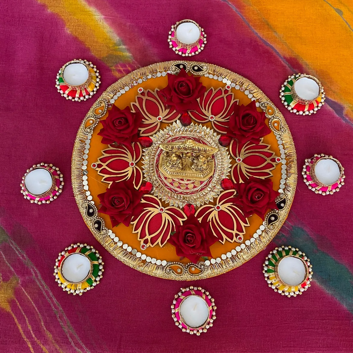 Lakshmi Ganesh Temple Brass Idol  & Decorative Plate With Tea Light Holder - Decorative Home Decor