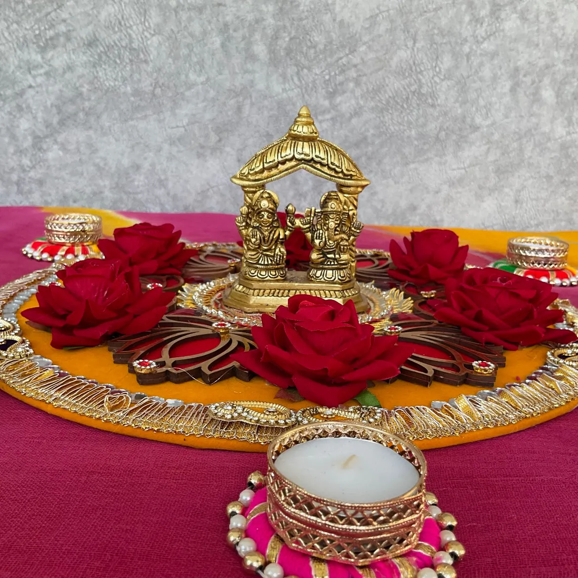 Lakshmi Ganesh Temple Brass Idol  & Decorative Plate With Tea Light Holder - Decorative Home Decor