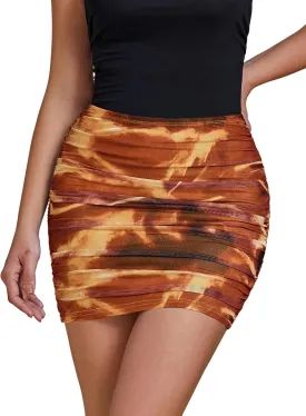luvamia Mini Skirts for Women Mesh Trendy Printed High Waisted Bodycon Elastic Waist Ruched Stretchy Party Short Skirt