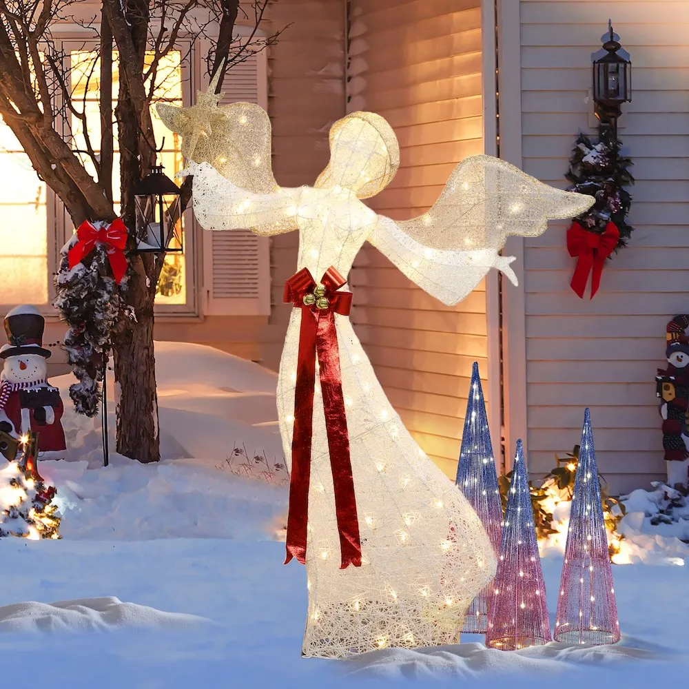 LuxenHome 5.7Ft 3D Christmas Angel with Star Holiday Decorations with Lights