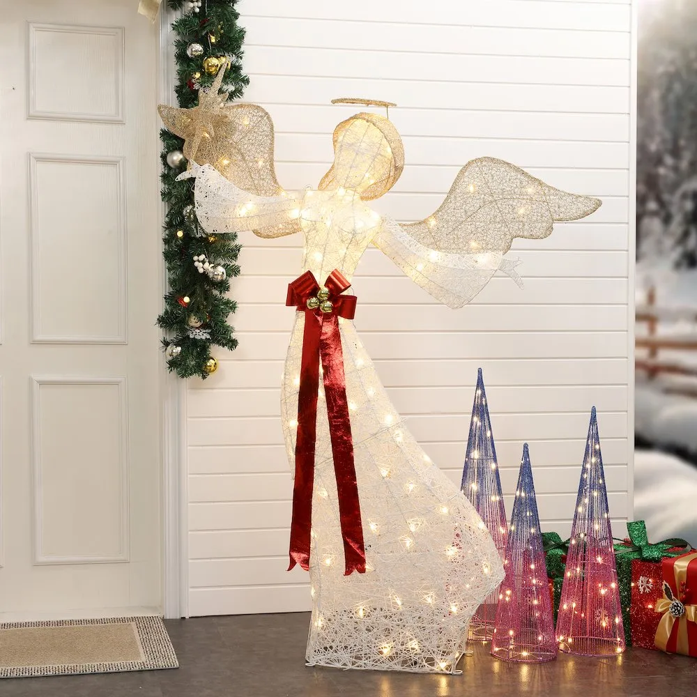 LuxenHome 5.7Ft 3D Christmas Angel with Star Holiday Decorations with Lights