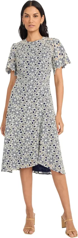 Maggy London Women's Blooming Trellis Lace High Low Midi Scalloped Short Sleeve a Line Wedding Guest Cocktail Dress