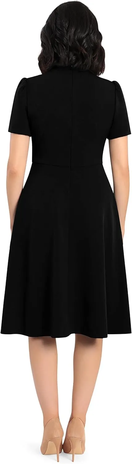 Maggy London Women's Crepe Fabric Flight Attendant Bow Neck Tie Short Sleeve A-line