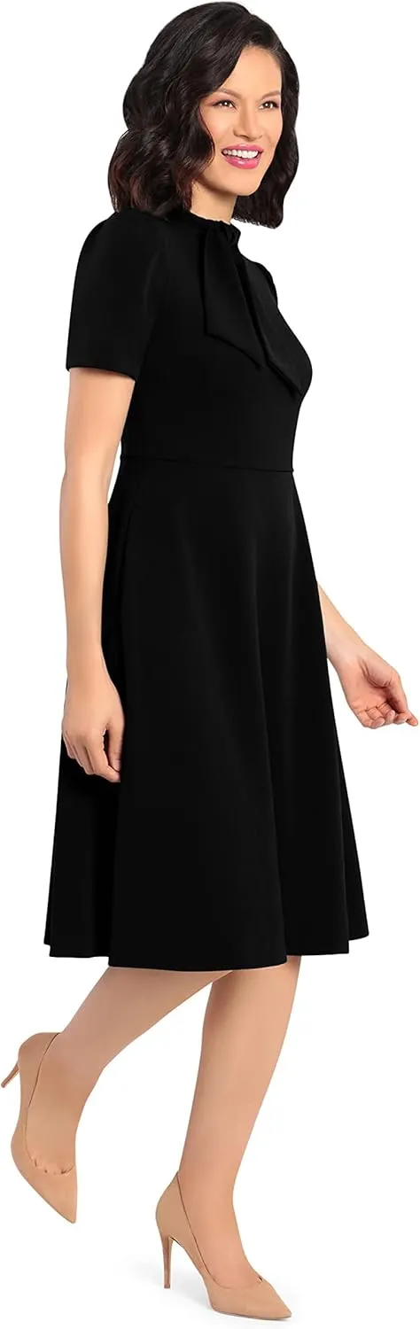 Maggy London Women's Crepe Fabric Flight Attendant Bow Neck Tie Short Sleeve A-line