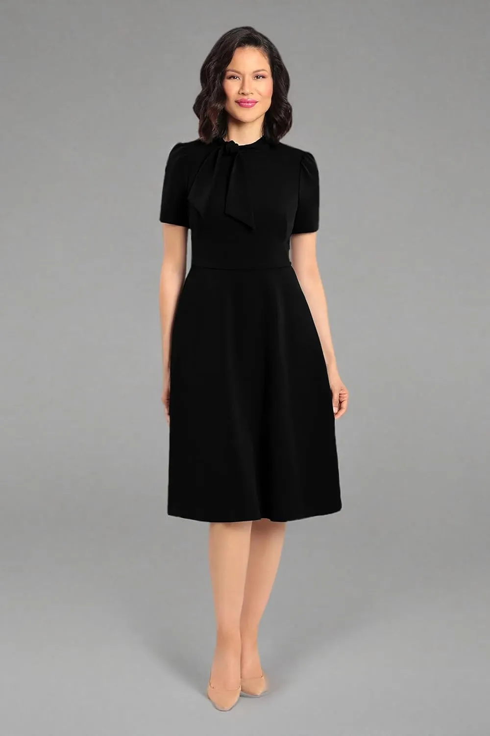 Maggy London Women's Crepe Fabric Flight Attendant Bow Neck Tie Short Sleeve A-line