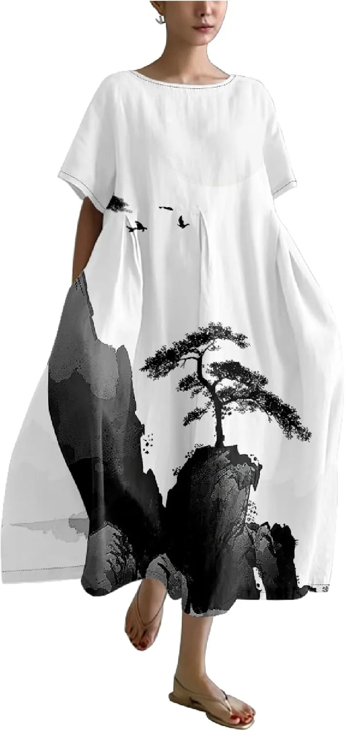 MARSVOVO Boho Dress for Women 2024 Plus Size Retro Moon Pattern Oversized Trendy Pleated High Waist Flowy Japanese Dress
