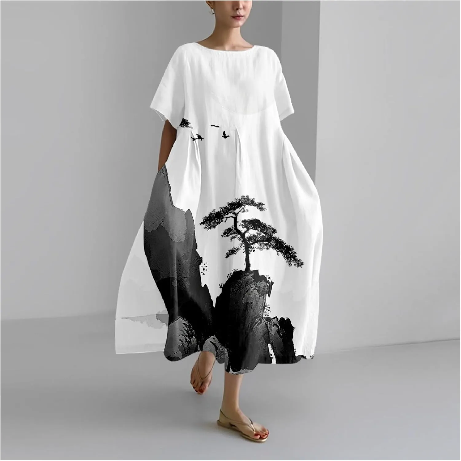 MARSVOVO Boho Dress for Women 2024 Plus Size Retro Moon Pattern Oversized Trendy Pleated High Waist Flowy Japanese Dress