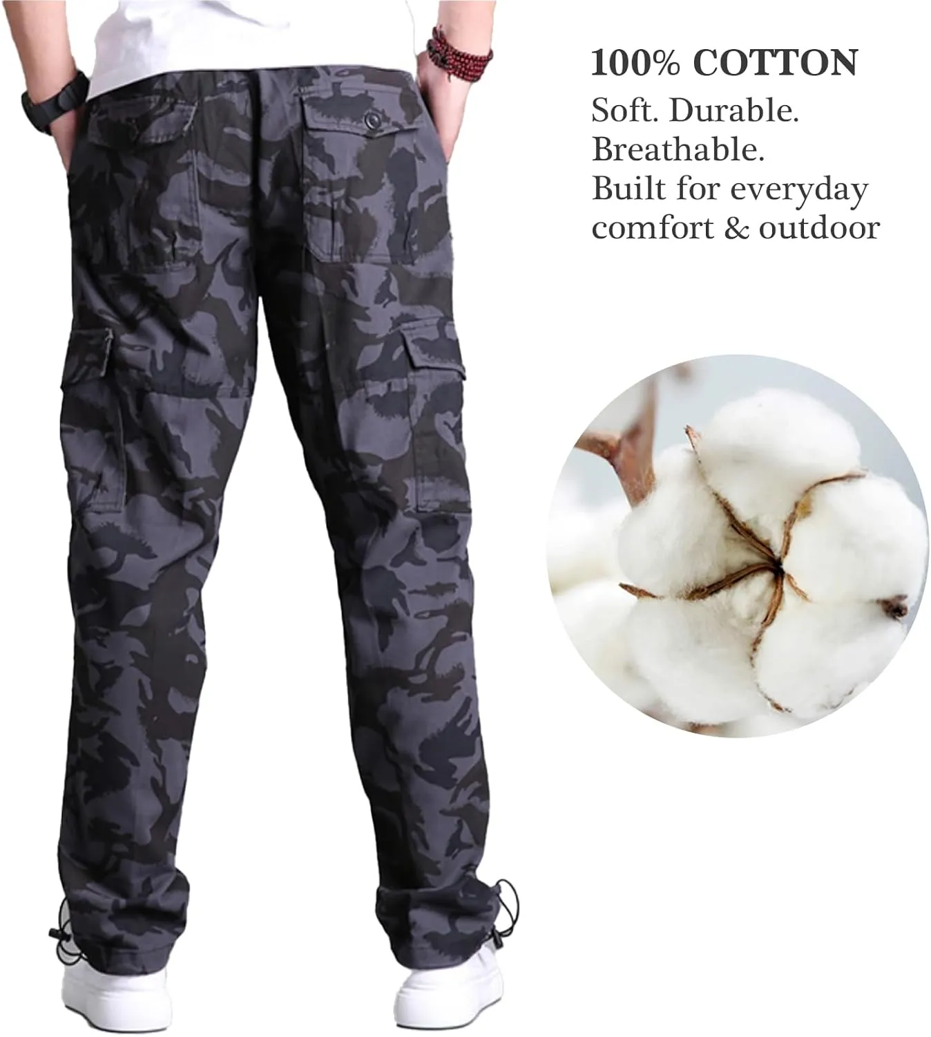 Mens Cargo Pants Elastic Waistband 7 Pockets Hiking Tactical Pants Cotton Cargo Work Pants for Men