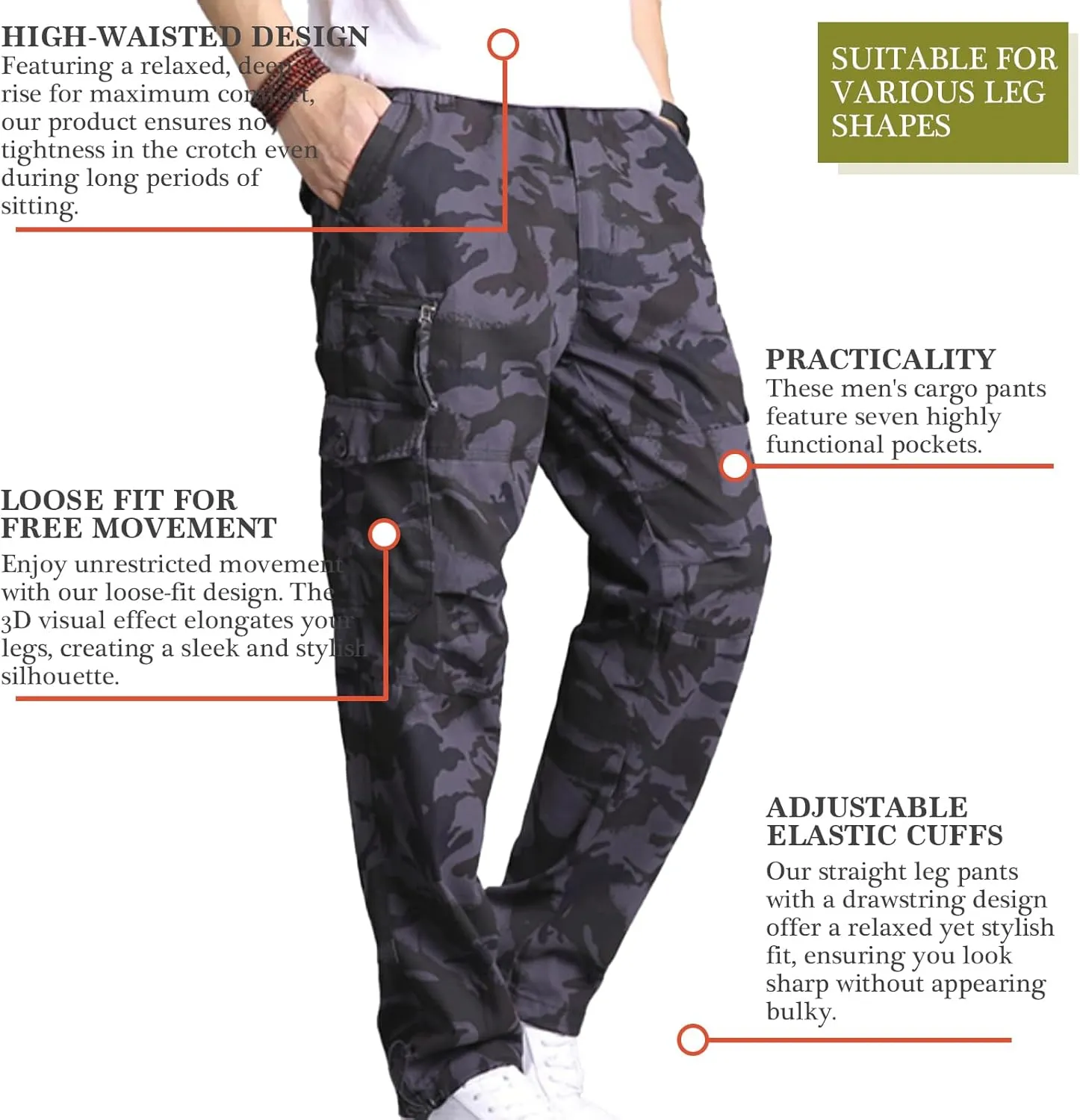 Mens Cargo Pants Elastic Waistband 7 Pockets Hiking Tactical Pants Cotton Cargo Work Pants for Men