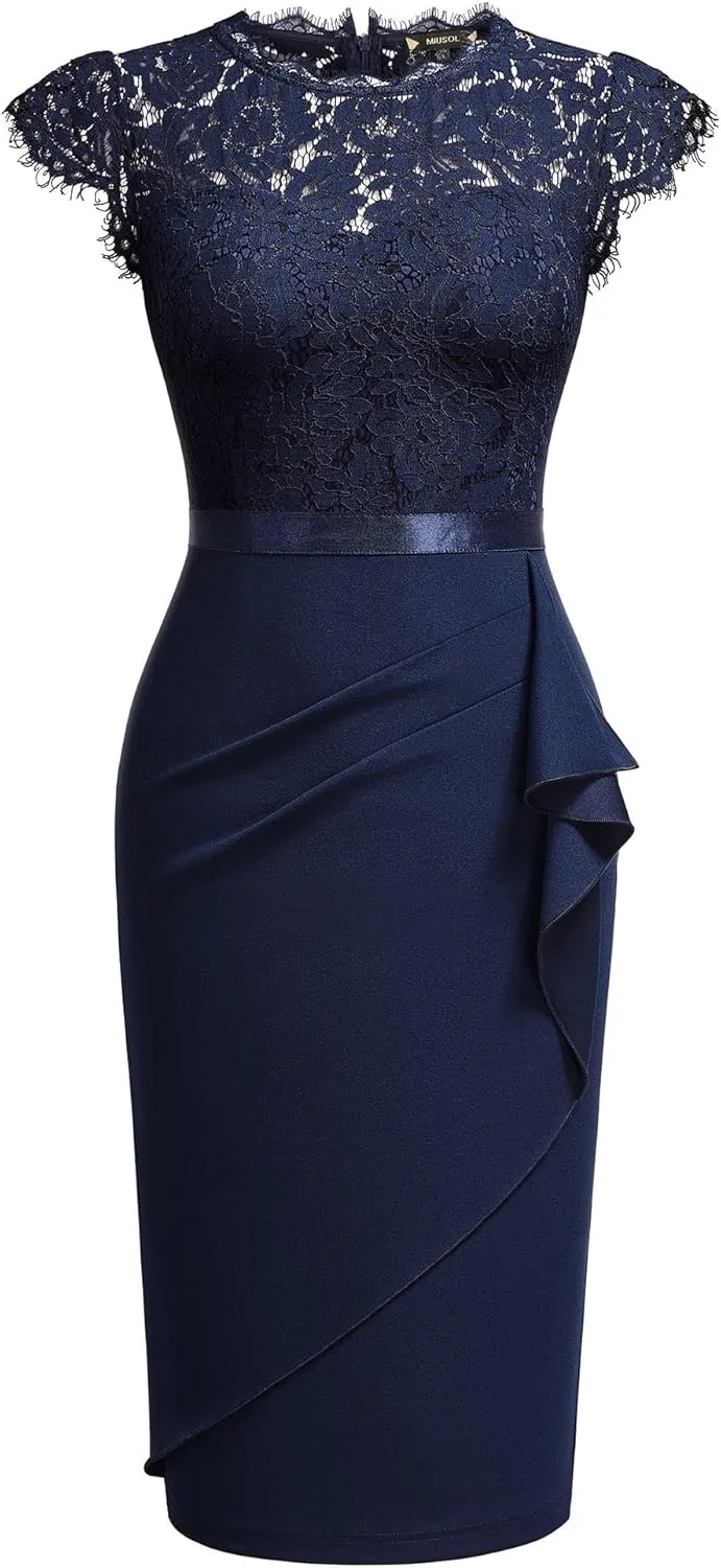 Miusol Women's Elegant Floral Lace Ruffle Design Cap Sleeve Cocktail Party Dress