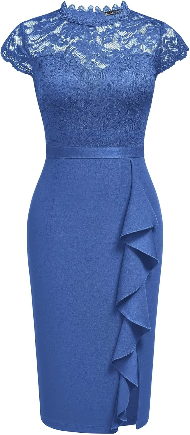 Miusol Women's Retro Floral Lace Ruffle Style Cocktail Mini Dress