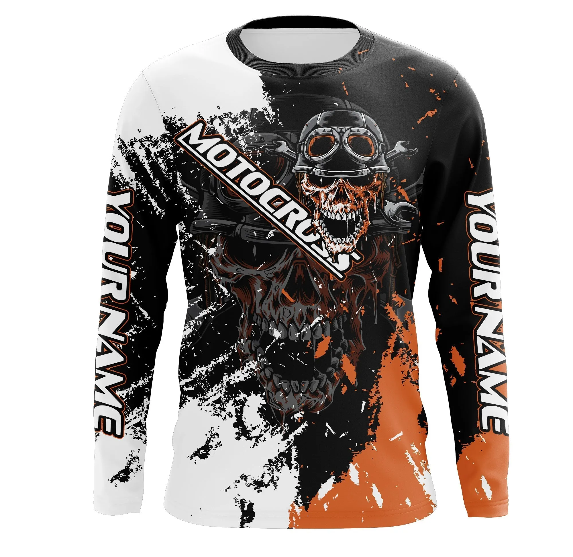 Motocross Skull Personalized Jersey UV Protect, Dirt Bike UPF 30  Youth Long Sleeves Riders Racewear