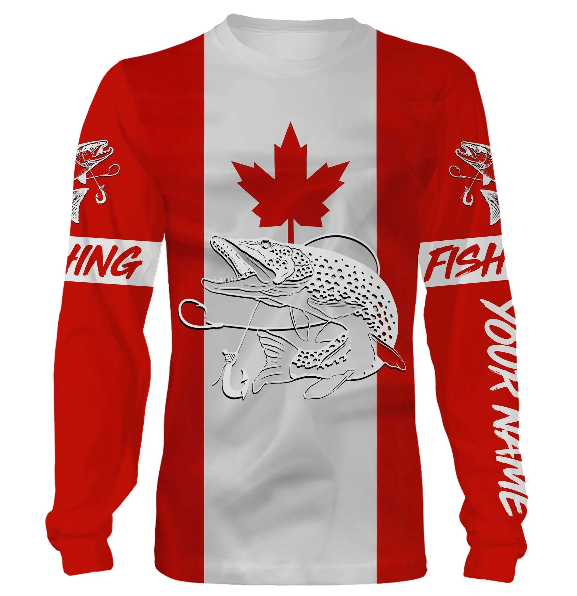 Northern Pike Fishing 3D Canadian Flag Customize Name All Over Print Long Sleeve Shirts